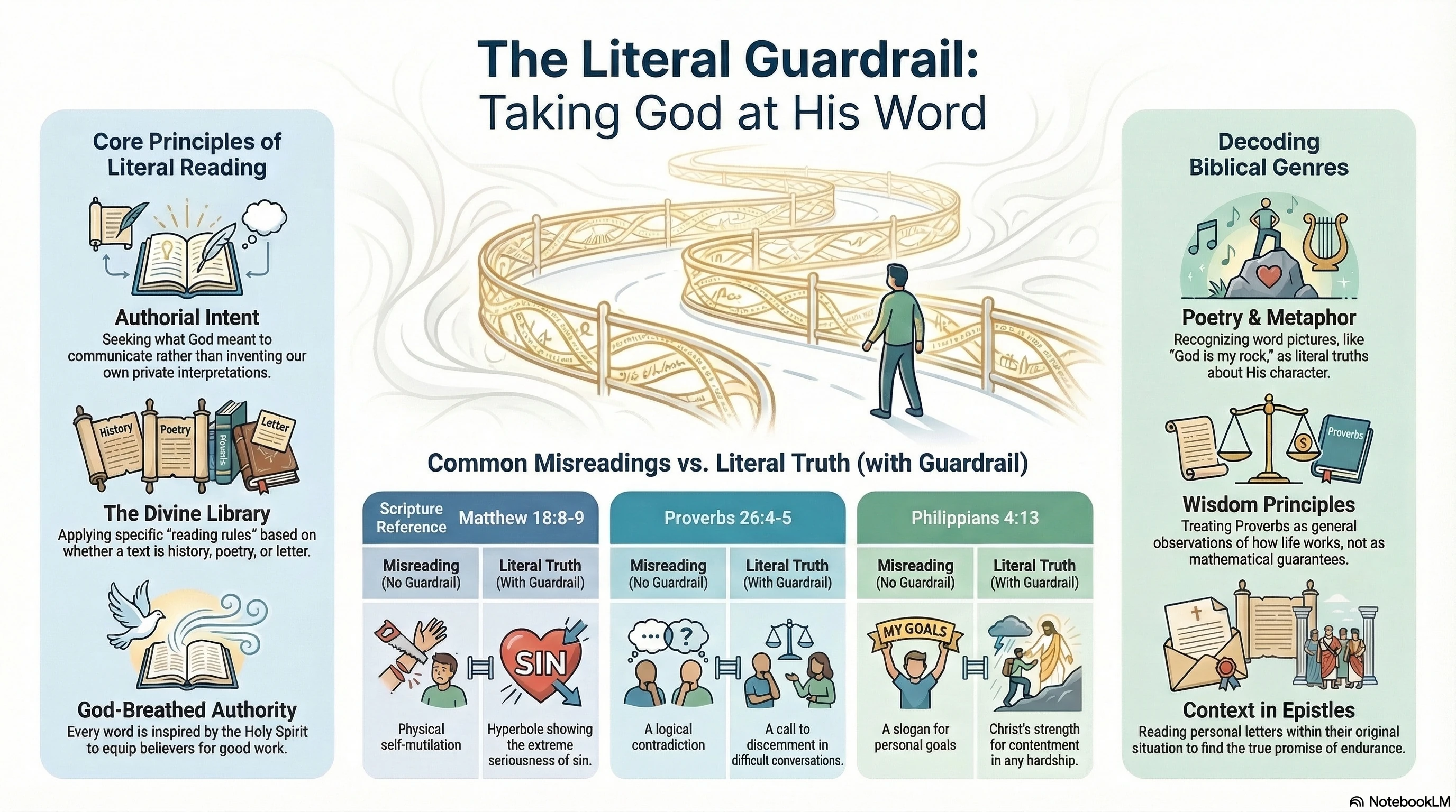Infographic: The Literal Guardrail — reading Scripture according to its natural language, genre, and plain meaning with the Holy Spirit as guide, from John 14:25–26, Ezekiel 36:26–27, John 16:13, and Psalm 86:11